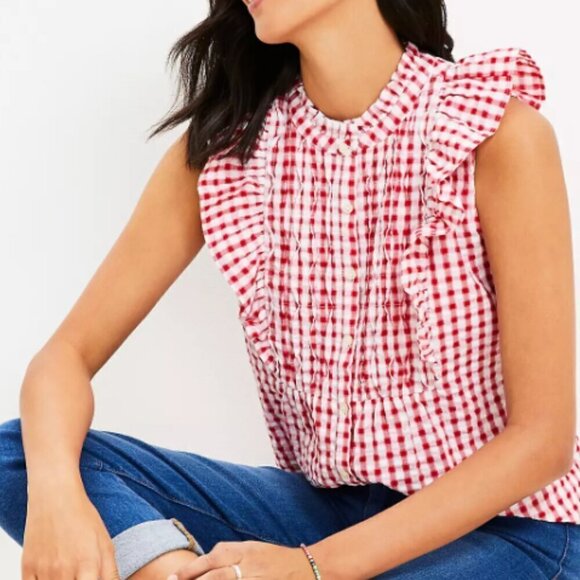 4 for $20 SALE! LOFT Plaid Ruffle Bib Button Top, Red/White Gingham, Size XS - Picture 1 of 12